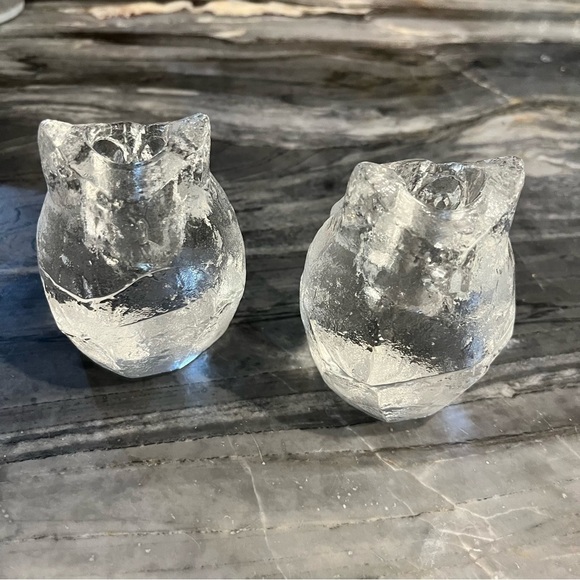 PAIR Mid Century Modern Glass Owl Candlesticks Taper Candle Holders 3” - Picture 3 of 10